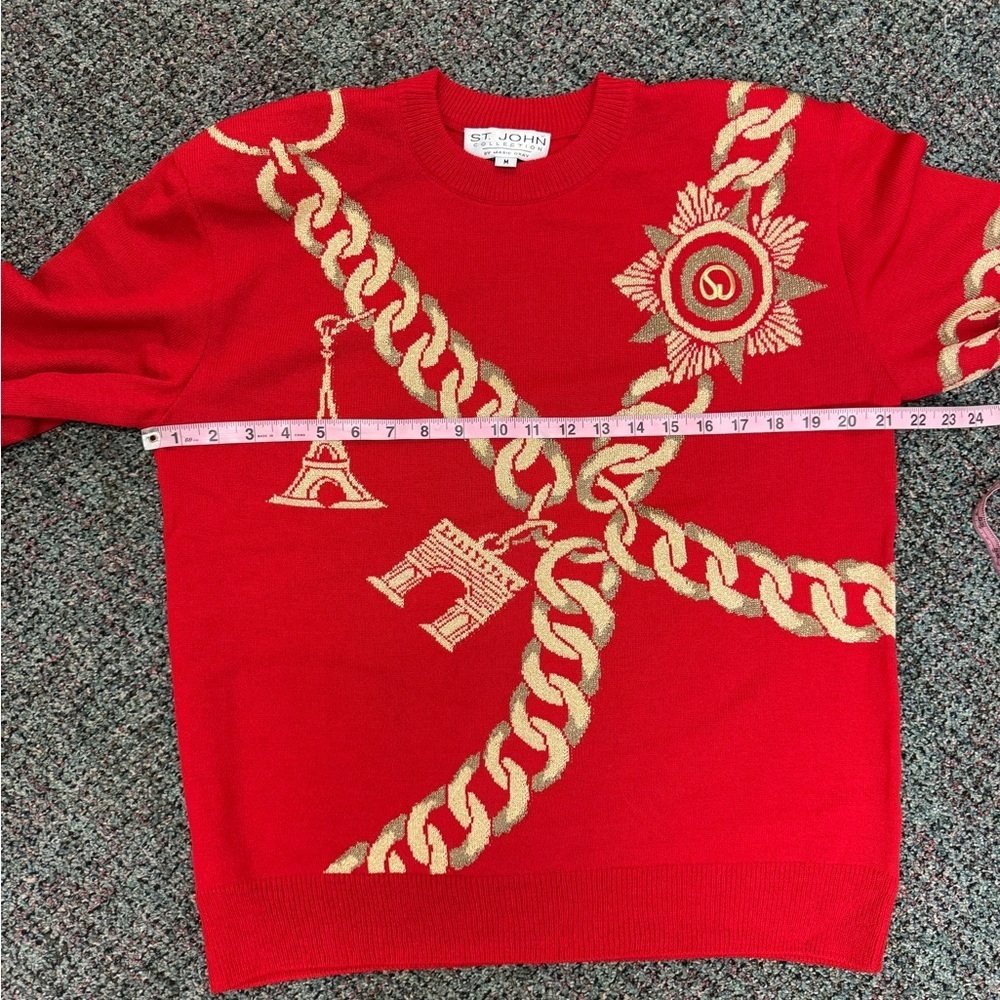 Vintage ST JOHN Collection Red & Gold Paris Charm Bracelet Graphic Sweater-M - Picture 4 of 7